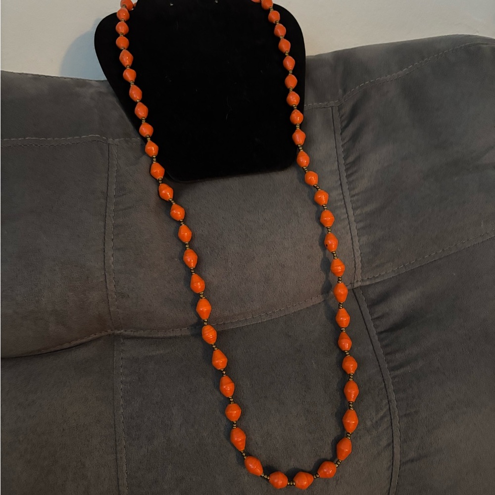 Orange Beaded Necklace. New handmade in Rwanda